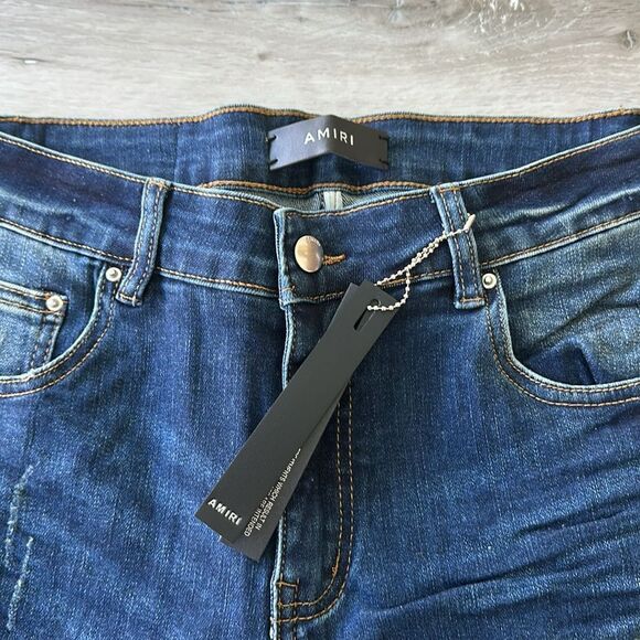 AMIRI Skinny-Fit Leather Appliquéd Distressed Jeans Blue/Black 32 NWT - Picture 8 of 16